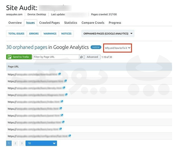 صفحات یتیم در ابزار semrush